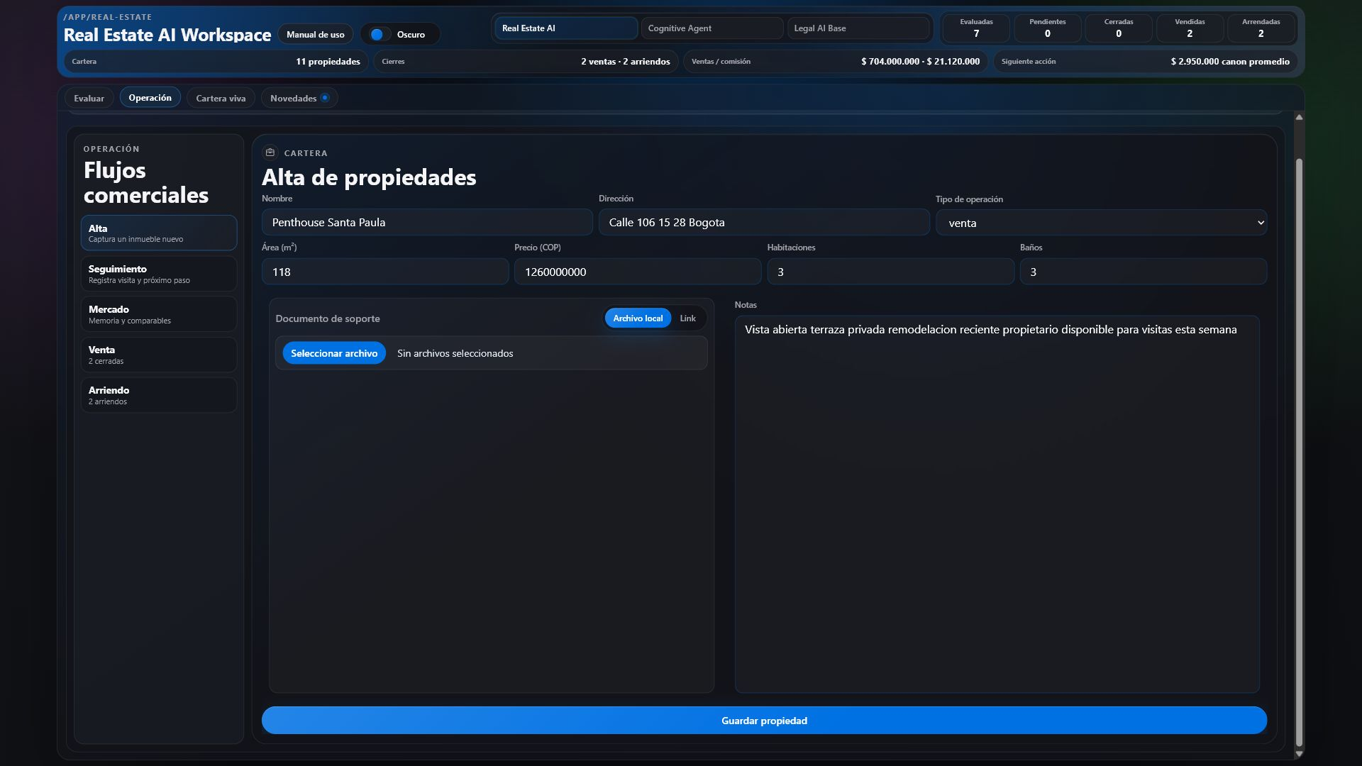 Pantalla de alta de propiedades en Real Estate AI